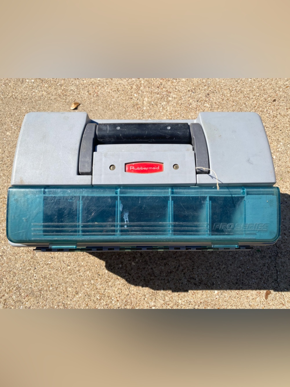 Vintage Rubbermaid Tackle Box with Teal Translucent Lid and Gray Body